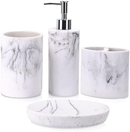ZCCZ Bathroom Accessory Set, 4 Pcs Marble Look Bathroom Vanity Countertop Bathroom Décor Sets Accessories with Soap Dispenser, Toothbrush Holder Set, Tumbler, Soap Dish (White Marble Look Rounded)