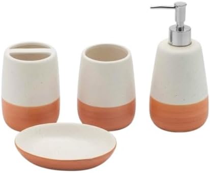 4 Piece Ceramic Bathroom Accessories Set, Soap Dispenser, Toothbrush Holder, Tumbler and Soap Dish, Speckled White & Terracotta Bathroom Counter Set, Modern Boho Farmhouse Decor 2. Product Description