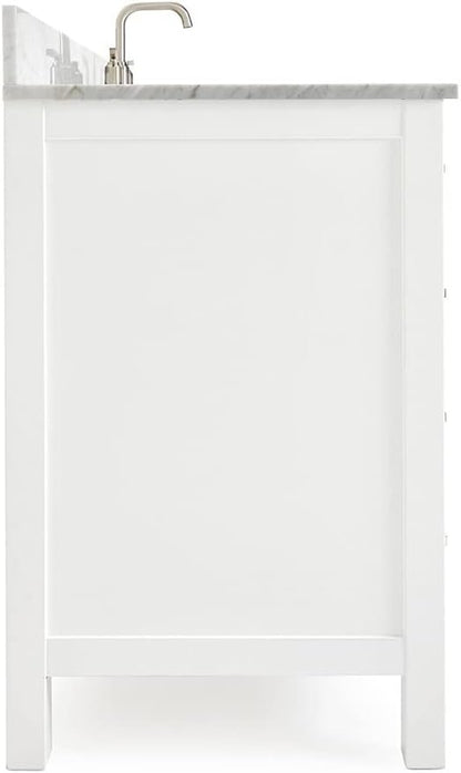 ARIEL Cambridge 60-inch Bathroom Vanity with Sink,Solid Wood, 0.75-inch Italian Carrara Marble Countertop, Single Rectangular Porcelain Sink, 2 Soft Closing Doors, 9 Dovetail Drawers, White