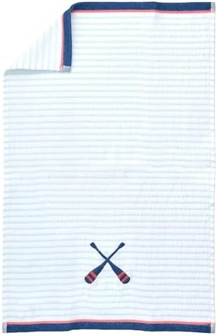Ritz 2-Piece Cotton Velour Bathroom Hand Towel Set, Embroidered Criss Cross Oars, Light Blue Pinstripe Decorative Towels for Lake House, Cabin, Coastal Decor, 16” x 26”