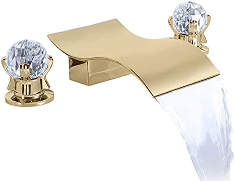 Widespread Bathroom Sink Faucet with Crystal Knob 3 Hole Waterfall Bathroom Faucet 8 Inch Crystal Vanity Faucets Deck Mount Basin Mixer Tap with Hose, Brushed Gold