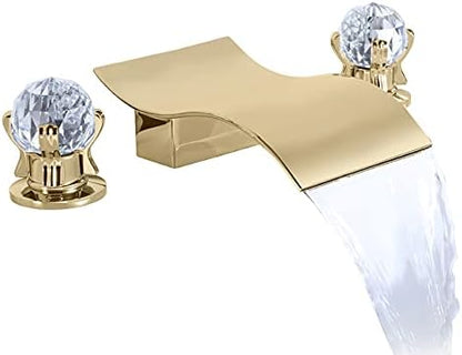 Widespread Bathroom Sink Faucet with Crystal Knob 3 Hole Waterfall Bathroom Faucet 8 Inch Crystal Vanity Faucets Deck Mount Basin Mixer Tap with Hose, Brushed Gold