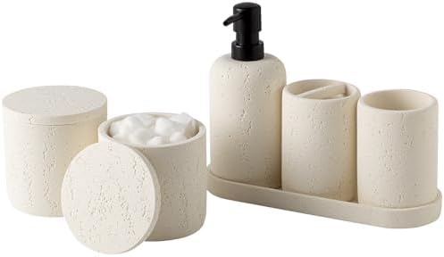 Bathroom Accessories Set,4 PCS Travertine Stone Look Collection,Cream