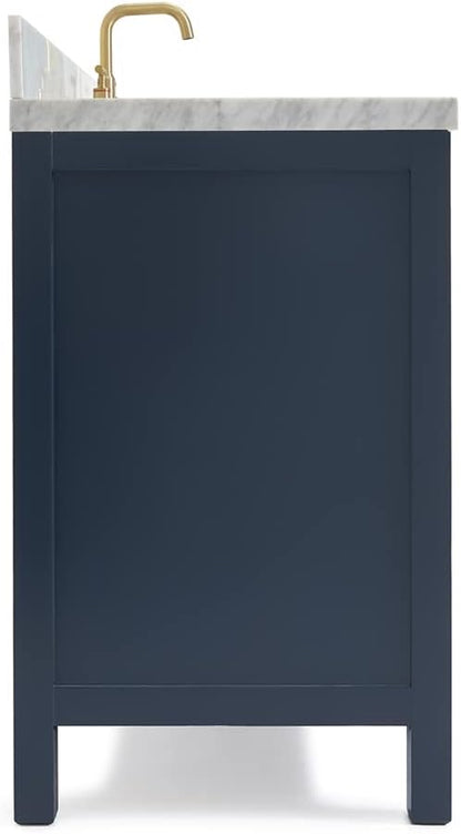ARIEL Cambridge 42-inch Bathroom Vanity with Sink,Solid Wood, 1.5-inch Italian Carrara Marble Countertop, Single Rectangular Porcelain Sink, 2 Soft Closing Doors, 9 Dovetail Drawers, Midnight Blue