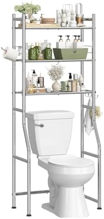 Simple Trending Over The Toilet Rack, Bathroom Shelf with Holder & Hooks