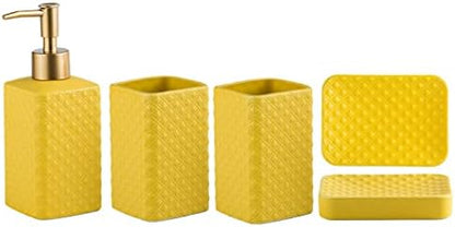 Jessie Bathroom Accessories Set, 3 or 4-Piece Ceramic Bathroom Accessory Set,Soap Dispenser,Toothbrush Holders Set,Tumbler,Soap Dish Embossed Matte Bathroom for Modern Bathrooms (Yellow 4-Piece Suit)