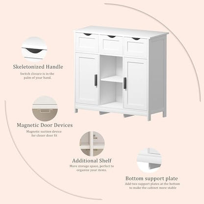 Sideboard Floor Storage Cabinet - Wooden Storage Organizer with 2 Doors and 3 Drawers, Free Standing Accent Buffet Cabinet with Adjustable Shelves for Living Room, Kitchen,Bathroom (White)