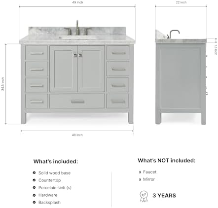 ARIEL Cambridge 48-inch Bathroom Vanity with Sink,Solid Wood, 1.5-inch Italian Carrara Marble Countertop, Single Rectangular Porcelain Sink, 2 Soft Closing Doors, 9 Dovetail Drawers, Grey