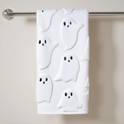2 Pack Halloween Hand Towels 100% Cotton Jacquard Ghost Halloween Kitchen Towels White Bathroom Towels Set Seasonal Bathroom Decor (White Ghost, Halloween)