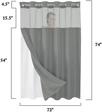 Gibelle No Hook Waffle Weave Shower Curtain with Snap-in Fabric Liner Set for Bathroom, Hotel Style with Mesh Top Window, Waterproof & Washable, Grey, 72x74