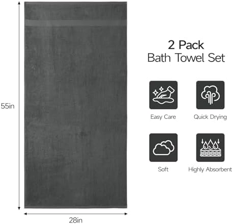 ecolook 2 Pack 100% Cotton Bath Towels, 28 x 55 Inches, Soft