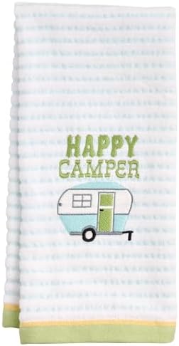 Ritz 2-Piece Cotton Velour Bathroom Hand Towel Set, Embroidered Happy Camper Design, Soft Pinstripe Decorative Bathroom Towels for RV, Cabin, or Home Decor, 16” x 26”