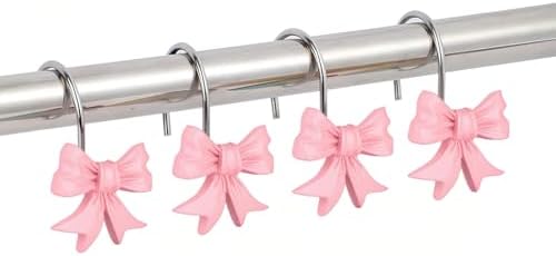 12Pcs Pink Bow Knot Shower Curtain Hooks Decorative for Curtain Rods, Coquette Girly Preppy Shower Curtain Rings, Silver Stainless Steel Metal Shower Curtain Hanger Hooks, Cute Girls Bathroom Decor