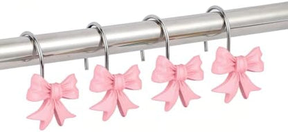 12Pcs Pink Bow Knot Shower Curtain Hooks Decorative for Curtain Rods, Coquette Girly Preppy Shower Curtain Rings, Silver Stainless Steel Metal Shower Curtain Hanger Hooks, Cute Girls Bathroom Decor