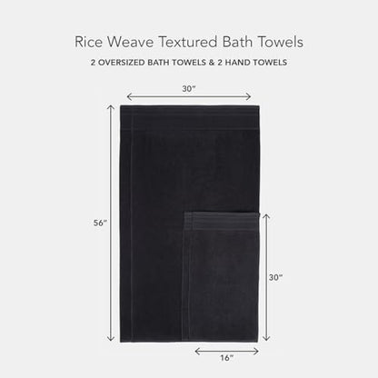 Texere 100% Organic Cotton Rice Weave Jacquard 700 GSM Luxury Bath Towel Sets - Ultra Soft and Absorbent Hotel and Spa Quality (Rice Weave, Black, 2 Bath & 2 Hand Towels)