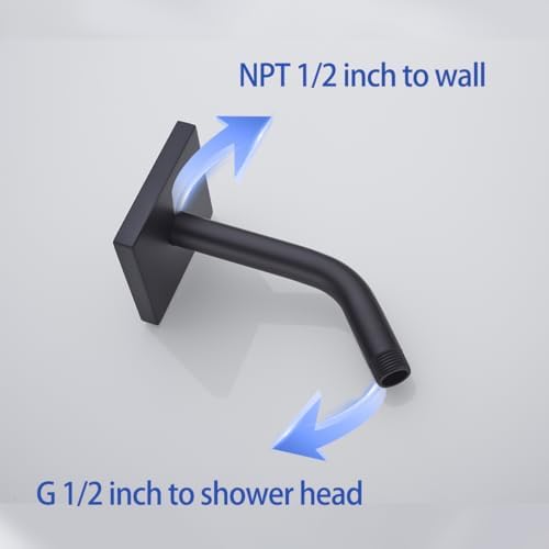 Shower Arm with Flange and Teflon Tape,6 in Wall Mount Replacement Angle Shower Head Arm Wall Mounted Shower Pipe Arm Extension for Fixed Shower Head Matte Black,SW-91018-6MB-SQ.