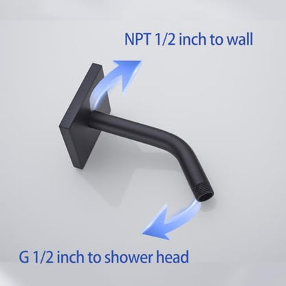 Shower Arm with Flange and Teflon Tape,6 in Wall Mount Replacement Angle Shower Head Arm Wall Mounted Shower Pipe Arm Extension for Fixed Shower Head Matte Black,SW-91018-6MB-SQ.