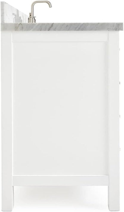 ARIEL Cambridge 60-inch Bathroom Vanity with Sink,Solid Wood, 1.5-inch Italian Carrara Marble Countertop, Single Rectangular Porcelain Sink, 2 Soft Closing Doors, 9 Dovetail Drawers, White