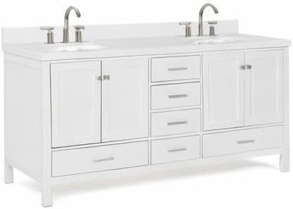 ARIEL Cambridge 72-inch Bathroom Vanity with Sink,Solid Wood, 1.5-inch Pure White Quartz Countertop & Backsplash, Double Oval Porcelain Sink, 4 Soft Closing Doors, 6 Dovetail Drawers, White