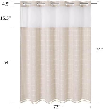 MitoVilla No Hooks Required Farmhouse Shower Curtain with Snap-in Liner - with Window & Magnets, Boho Cotton Linen Fabric Shower Curtains with Tassels for Rustic Bathroom Decor, Beige/Cream, 72 x 74