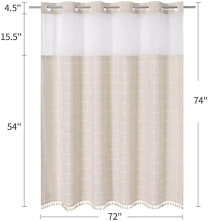 MitoVilla No Hooks Required Farmhouse Shower Curtain with Snap-in Liner - with Window & Magnets, Boho Cotton Linen Fabric Shower Curtains with Tassels for Rustic Bathroom Decor, Beige/Cream, 72 x 74