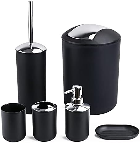 Compact 6-Piece Black Plastic Bathroom Accessories Set with Small Trash Can, Soap Dispenser, Toothbrush Holder, Cup, Soap Dish, Toilet Brush for Guest Bathroom Dorm Apartment