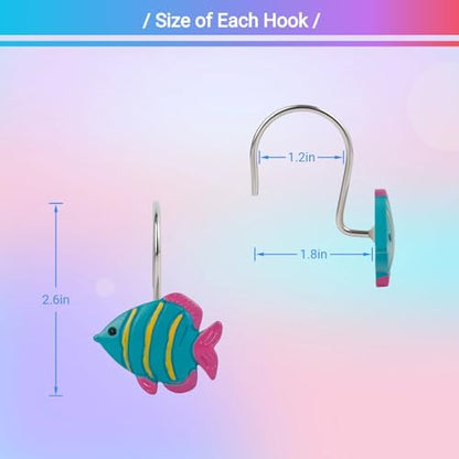 12Pcs Tropical Fish Shower Curtain Hooks Decorative for Curtain Rods, Cute Animals Shower Curtain Rings, Silver Stainless Steel Metal Shower Curtain Hanger Hooks, Kids Ocean Bathroom Decor Accessories