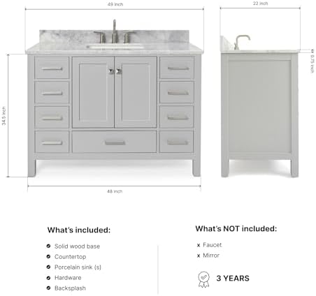 ARIEL Cambridge 48-inch Bathroom Vanity with Sink,Solid Wood, 0.75-inch Italian Carrara Marble Countertop, Single Rectangular Porcelain Sink, 2 Soft Closing Doors, 9 Dovetail Drawers, Grey
