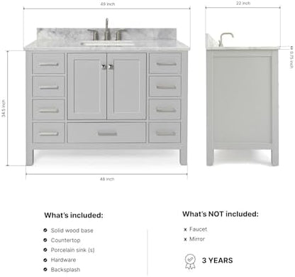 ARIEL Cambridge 48-inch Bathroom Vanity with Sink,Solid Wood, 0.75-inch Italian Carrara Marble Countertop, Single Rectangular Porcelain Sink, 2 Soft Closing Doors, 9 Dovetail Drawers, Grey