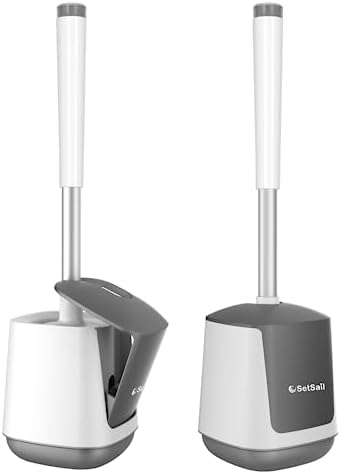 SetSail Toilet Brush and Holder 2 Pack, Self Closing Lid Toilet Bowl Brushes Holder and Extra Long Handle Ventilated Toilet Brush Set for Bathroom Cleaning, Nylon Bristles, White & Grey