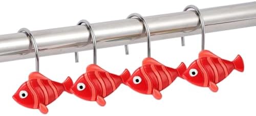 12Pcs Red Fish Shower Curtain Hooks Decorative for Curtain Rods, Cute Animals Shower Curtain Rings, Silver Stainless Steel Metal Shower Curtain Hanger Hooks, Kids Ocean Bathroom Decor Accessories