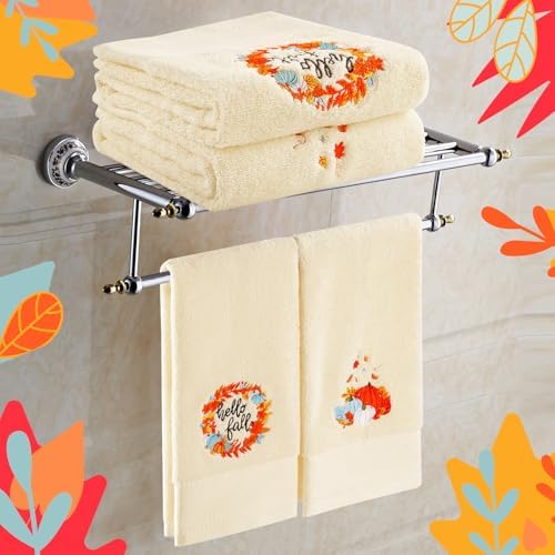 Quera 2 Pack Fall Hand Towels Autumn Blue Pumpkin Thanksgiving Embroidered Premium Luxury Decor Hello Fall Bathroom Decorative Dish Set for Drying Cleaning, Cooking 13.7 "x 29.5"