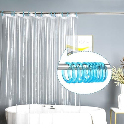 Blue Shower Curtain Hooks - 12 Pcs Circular Plastic Shower Curtain Rings for Bathroom - O Shaped Transparent Aqua Blue Shower Hooks Rings for Shower Curtain Rod