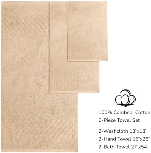 Feather & Stitch 100% Cotton 625 GSM Bath Towel Set of 6, Ultra Soft Highly Absorbent 2 Bath Towels, 2 Hand Towels & 2 Washcloth - Luxury Quick Dry Shower Towels (Taupe)