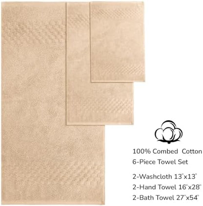 Feather & Stitch 100% Cotton 625 GSM Bath Towel Set of 6, Ultra Soft Highly Absorbent 2 Bath Towels, 2 Hand Towels & 2 Washcloth - Luxury Quick Dry Shower Towels (Taupe)