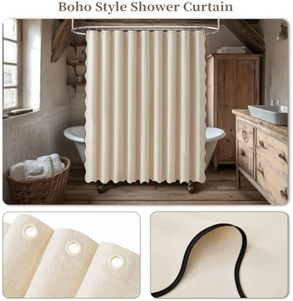 BTTN 108x72 Boho Scalloped Linen Textured Cloth Shower Curtain, Beige/Cream