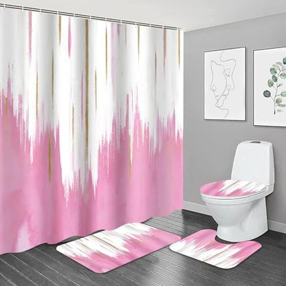 NBVKO 4PCS Pink Oil Painting Style Shower Curtain Set with Non-Slip Rugs,Toilet Lid Cover and Bath Mat,Bathroom Decor Accessory Set