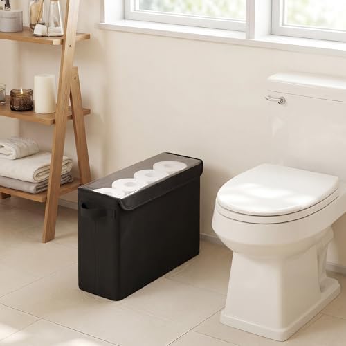 Cupic Cupid Toilet Paper Storage Baskets, Bathroom Toilet Paper Storage with Lid, Holds 12 Regular or 9 Mega Rolls, Slim Toilet Tissue Holder Basket with Clear PVC Lid and Handles for Home, Black