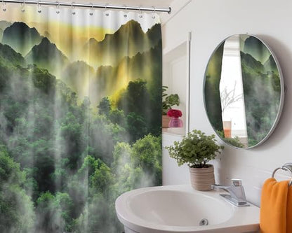 Misty Forest Shower Curtain Mountain Nature Scenic Green Bathroom Decor, Waterproof Cloth Fabric with Hooks 70" W x 72" L