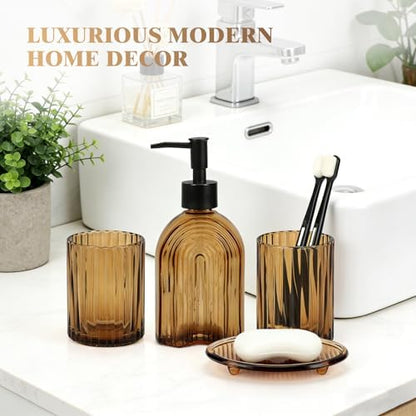 Bathroom Accessories Set, 4Pcs Glass Bathroom Accessories Set Complete, 11.6OZ Lotion Soap Dispenser, Toothbrush Holder, Mouthwash Cup, Soap Dish for Bathroom Decor, Countertop Organizer (Amber)