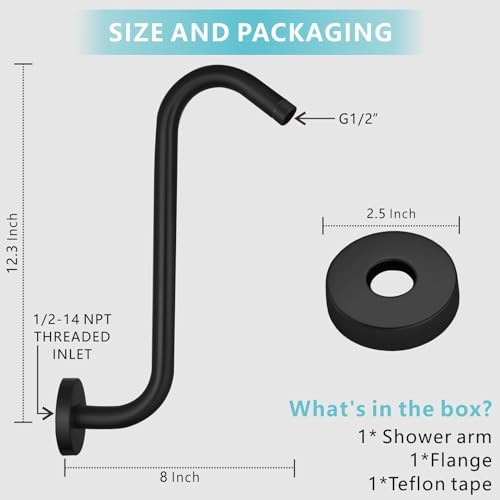 Shower Head Extension Arm with Flange, S Shaped High Rise Gooseneck Showerhead Riser Pipe, Universal Standard 1/2" Connection - Bathroom Accessory (12 Inch, Matte Black)