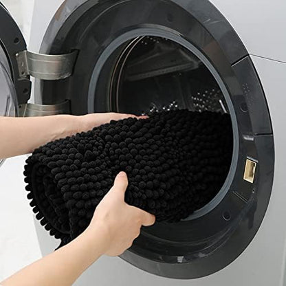 ACCUMTEK Striped Black Bathroom Rug Mat 24"x17" Ultra Soft, Non Slip Chenille Bath Rugs, Absorbent Plush Shaggy Bath Mats for Bathroom, Bedroom, Kitchen, Shower, Tub