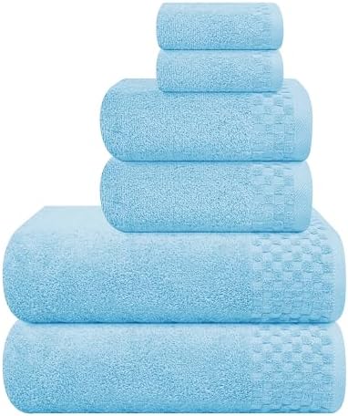 MyOwn Premium Cotton 6 Pack Towel Set for Bathroom, Contains 2 Bath Towels 28x55 inch, 2 Hand Towels 16x24 inch & 2 Wash Coths 12x12 inch, Ideal Everyday use, Compact & Lightweight - Sky Blue
