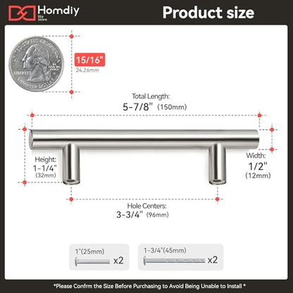 homdiy Brushed Nickel Cabinet Pulls Cabinet Handles,2 Pack 96mm 3-3/4 inch Hole Centers - HD201SN T Bar Handle Pull with Brushed Nickel Finish