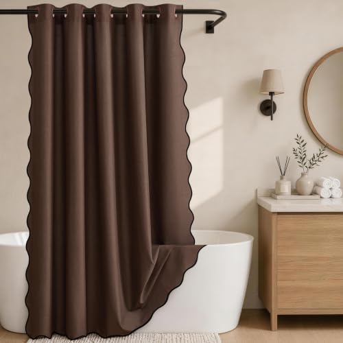 Furlinic Scalloped Shower Curtain No Hook Brown Waterproof W78 x H75 Fabric