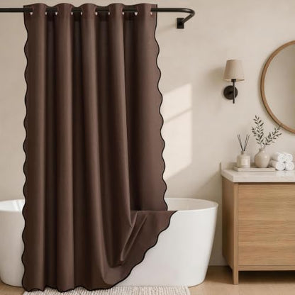 Furlinic Scalloped Shower Curtain No Hook Brown Waterproof W78 x H75 Fabric