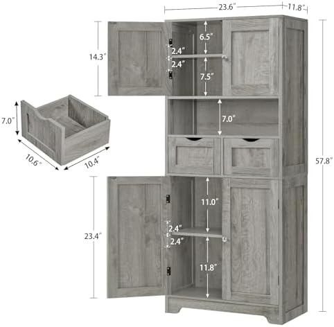 TEENFON Tall Bathroom Storage Cabinet with 4 Doors & 2 Adjustable Shelves