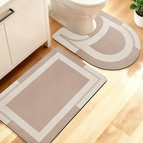 ACCUMTEK Non Slip Bath Mat, Thin Bathroom Rugs Fit Under Door, Quick Dry Bath Mats, Machine Washable Bath Rugs for Bathroom, Bathtub & Kitchen, Light Brown/Bordered/24 x17+ 24"x20" Contour Rug