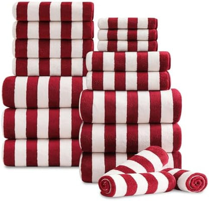 18 Pcs Red Stripe Bath Towel Set with Hanging Loop-6 Bath Towels,6 Hand Towels,6 Washcloths Soft Family Towels Set Bathroom Towel Highly Absorbent Quick Dry Shower Towel for Beach Chair Spa Gym Hotel