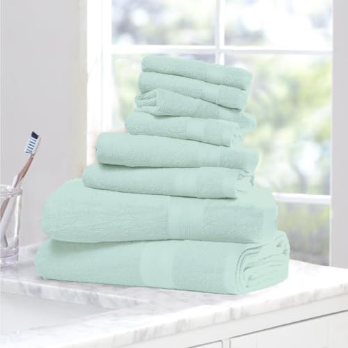 BOUTIQUO 8 Piece Towel Set 100% Ring Spun Cotton, 2 Bath Towels 27X54, 2 Hand Towels 16X28 and 4 Washcloths 13X13 - Ultra Soft Highly Absorbent Machine Washable Hotel Spa Quality - Sea Green